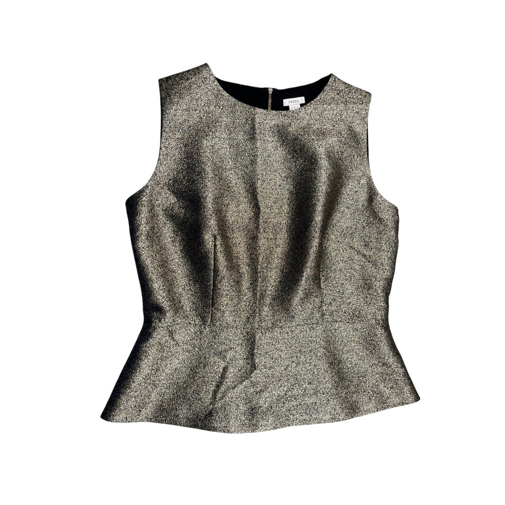 Fossil Gold Metallic Peplum Top Sleeveless Party Blouse Size 8